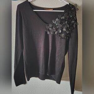 Belldini Chic Black Floral Embellished Women's Long Sleeve Top XLarge